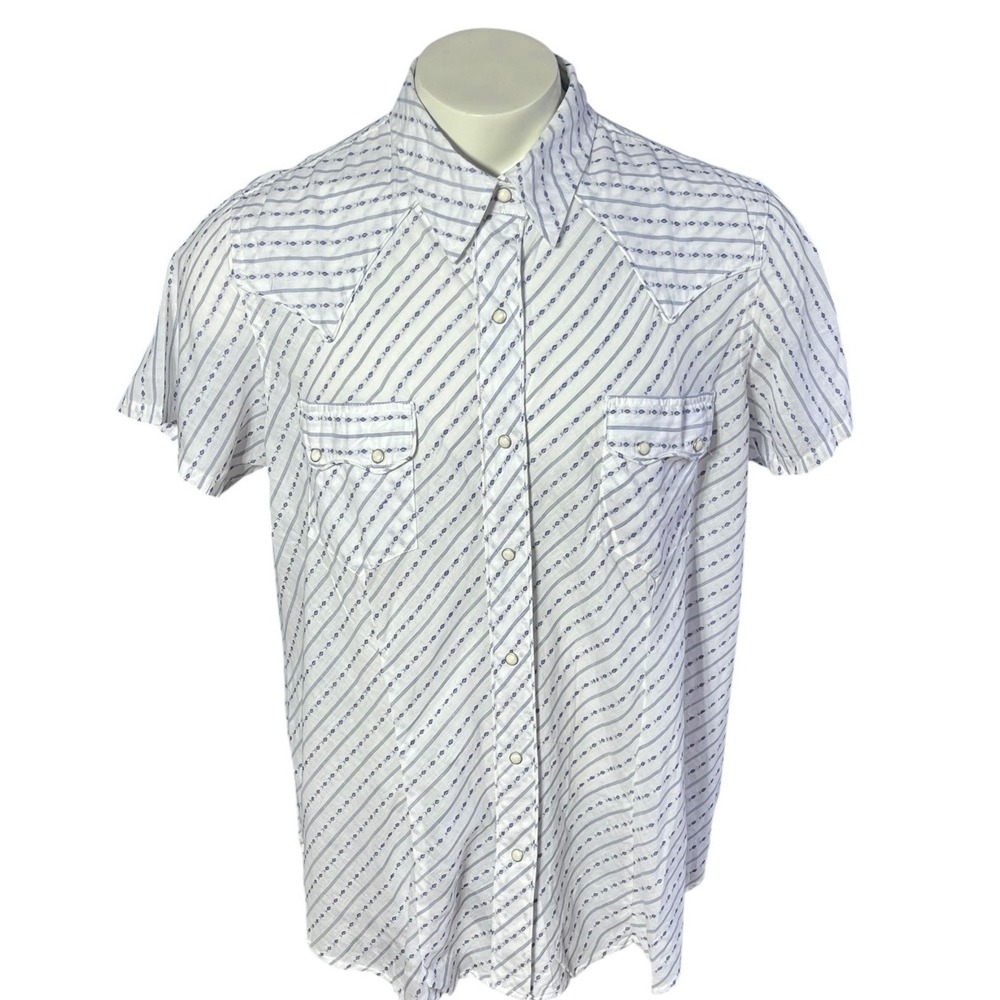 Roper Mens‎ 2X White Blue Striped Short Sleeve Western Pearl Snap Shirt